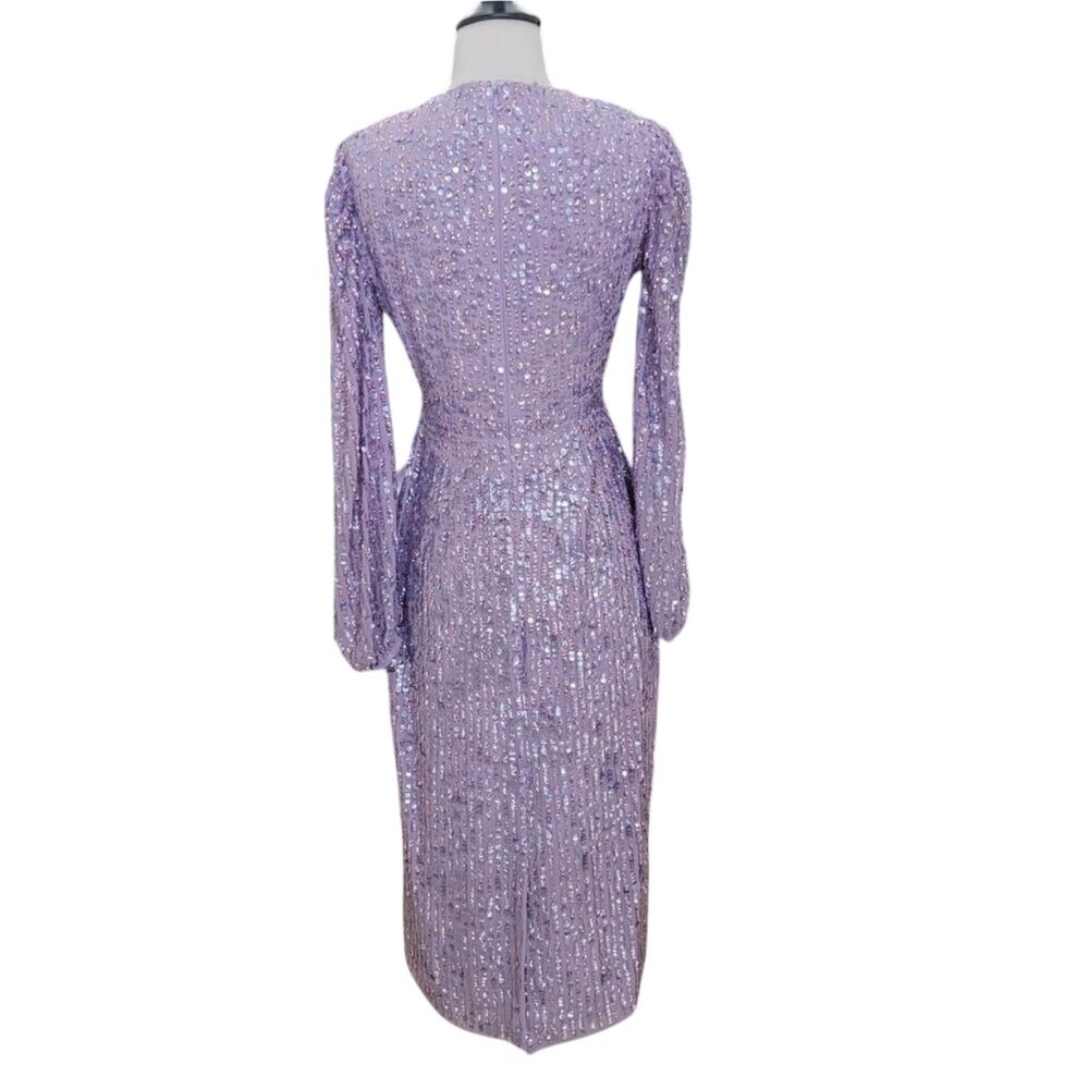 Mac Duggal 107641 Sequin Lavender Purple V Neck Long Sleeve Midi Dress 4 Gown - Picture 10 of 12